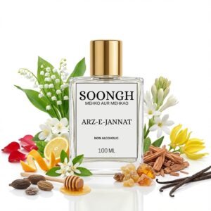 SOONGH Arz-e-Jannat 100ml non-alcoholic perfume inspired by Fogg Paradise — a luxurious blend of ripe mango, juicy plum, jasmine, and blooming rose in a halal, long-lasting fragrance for women