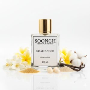 SOONGH Asrar-e-Noor 100ml non-alcoholic perfumes in Pakistan inspired by Zoya — a sweet floral and citrus fragrance with soft pink blossoms, zesty lemon, and creamy vanilla, offering a halal, long-lasting scent for women