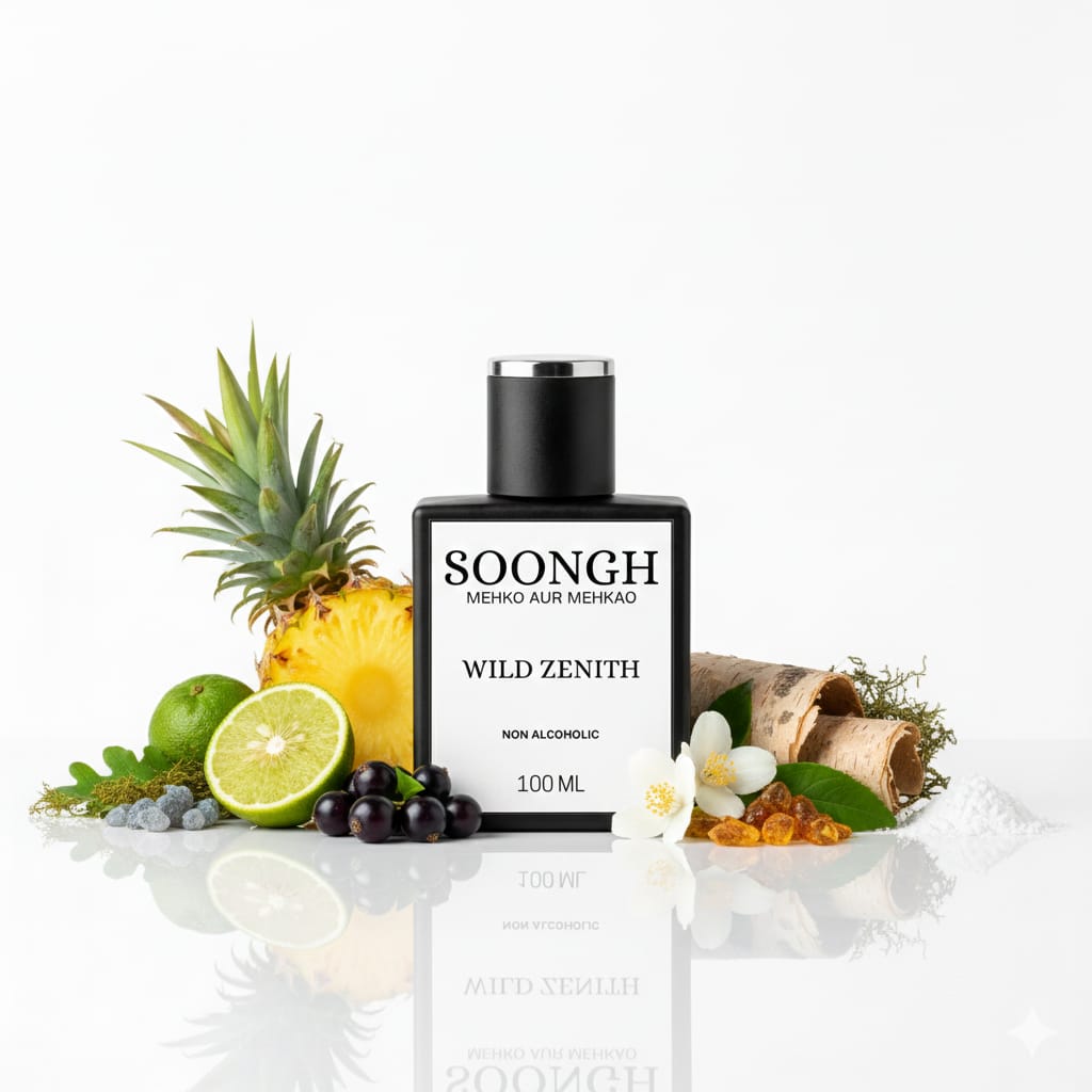 SOONGH Wild Zenith 100ml non-alcoholic perfumes in Pakistan with vibrant notes of blackcurrant, pineapple, orange, green apple, and earthy moss — mehko aur mehkao bold and fresh fragrance in a sleek luxury bottle for a long-lasting wild masculine scent