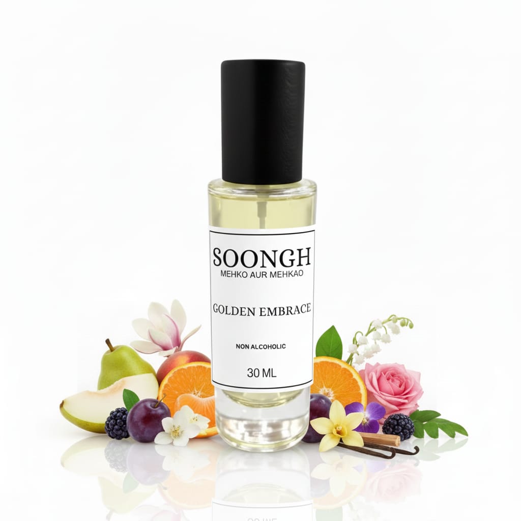 SOONGH Golden Embrace 30ml non-alcoholic perfumes in Pakistan inspired by J'adore Dior — a radiant, halal women’s fragrance blending jasmine, orange blossom, rose, and melon for a luxurious, floral, and long-lasting scent experience