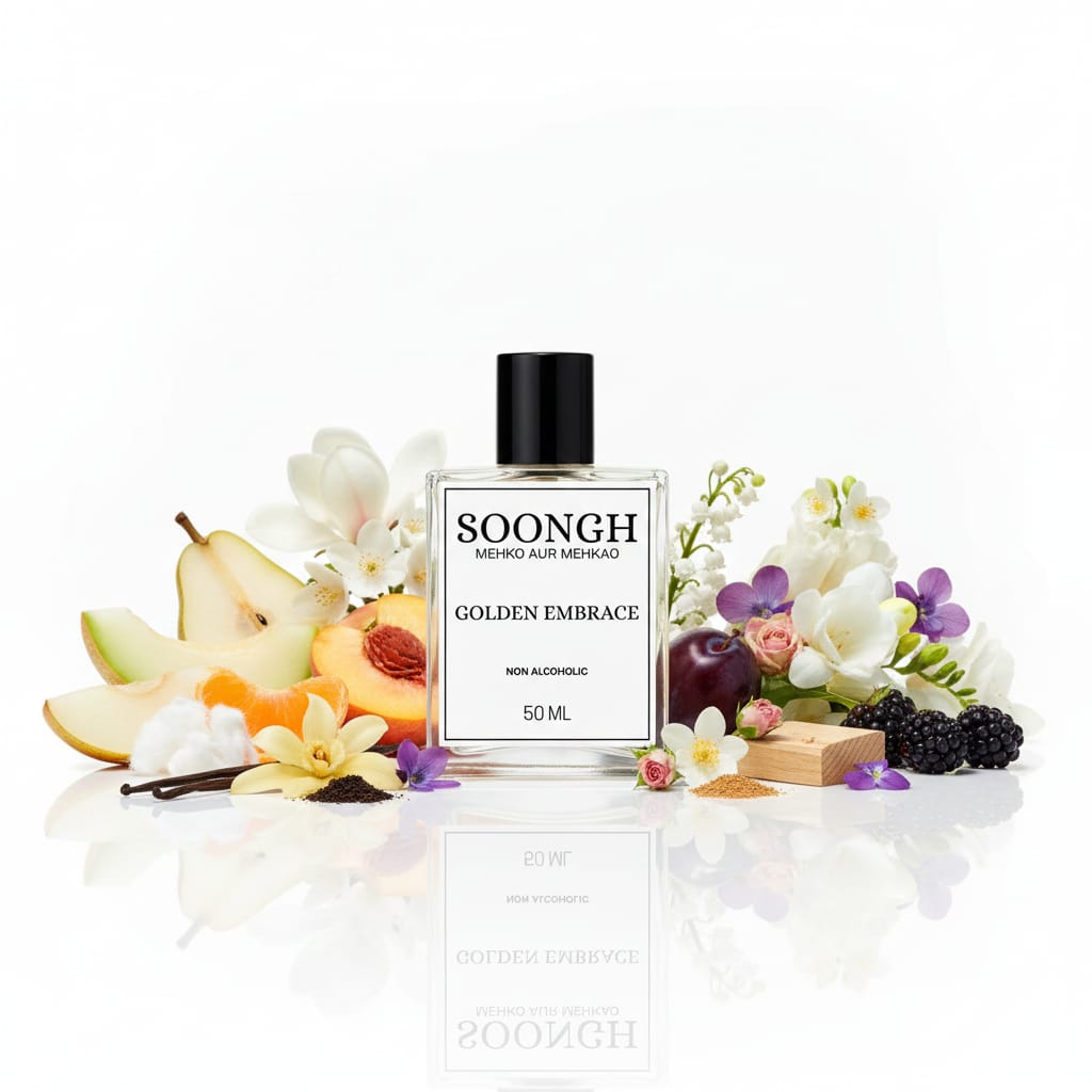 SOONGH Golden Embrace 50ml non-alcoholic perfumes in Pakistan inspired by J'adore Dior — a radiant, halal women’s fragrance blending jasmine, orange blossom, rose, and melon for a luxurious, floral, and long-lasting scent experience