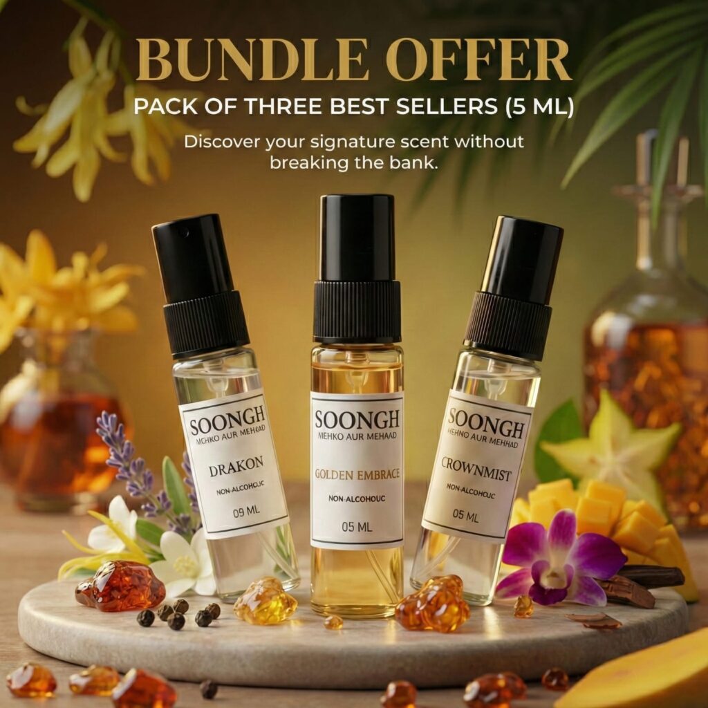 SOONGH Pack of Three Best Seller Perfumes (5ml each) – Golden Embrace for Women, Drakon for Men, and Crownmist Unisex. Non-alcoholic long-lasting pocket perfumes in Pakistan